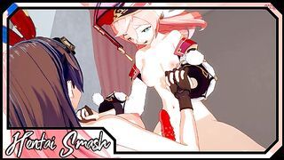 Yanfei rides Amber's strapon cock - Genshin Impact Lesbian Hentai
