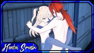 Fischl titty fucks Dulic, gets fucked against a wall - Genshin Impact Hentai.