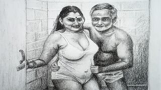 Erotic Art Or Drawing Of Sexy Indian Woman Romance with Father in Law inside Bathroom