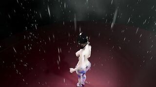 3D busty slut Asian stripper dancing in the rain