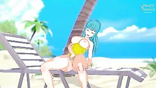 Maron in yellow swimsuit masturbates on the beach - Dragon Ball Z