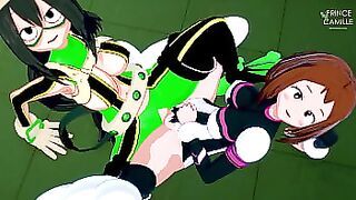 Ochako and Tsuyu adorable lesbian young woman scissoring - My Hero Academia