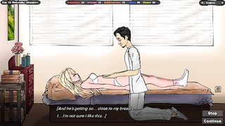 Horny masseur caresses sweet blonde's clit