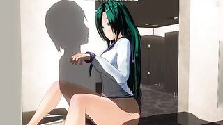 3D HENTAI girl with blue hair fucks in the washroom
