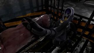 The cute girl couldn't resist and jerked off the mutant's monstrous cock with her feet