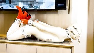 White rubber girl pleasure, electric shock and drooling