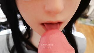 FF7 Tifa doll is gently fingered until she squirts and sucks a huge cock that cums on her face