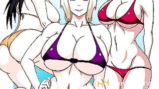 Naruto Threesome at the beach with Tsunade, Hinata and Sakura