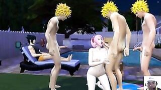 Sakura Follada por los clones de Naruto frente de Sasuke Dormido Netorare