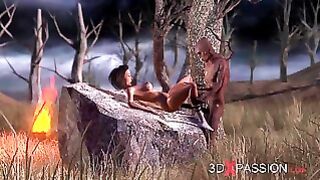Wood Goblin & Attractive Fitness Woman. 3d Animation