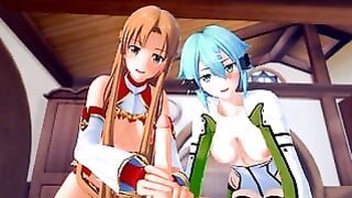 Horny Asuna and Sinon finally get what they deserve in hardcore threesome action