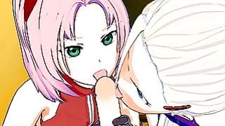 Sakura and Ino Threesome Koikatsu Fucking With Creampie