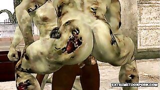 Ebony slut brutally destroyed by two zombie cocks