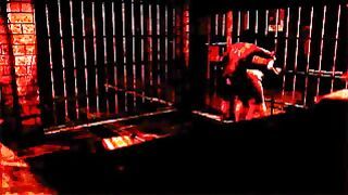 Busty chick locked in cage with horny zombie, gets his dick in mouth and anal hole