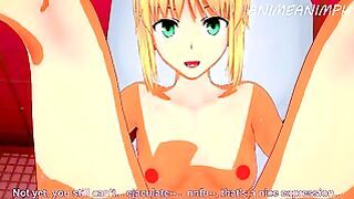 Saber – Blonde teen eats tons of sperm in wild Fate Stay Night hentai porn