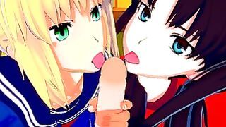 Fate Stay Night Rin and Saber Decided to Share One Cock in a Hot Threesome