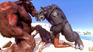 Tanned Hottie Rough Fuck With Rhino and Bull Dick Furry Wild Life Threesome