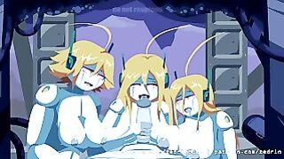 Three blonde robots play with one massive dick making it cum twice!