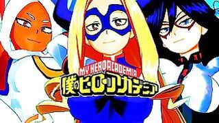 One dick, group of horny teen girls from My Hero Academia in wild hentai compilation