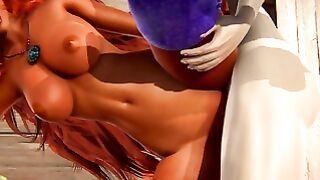 Starfire – Tanned hottie plays with huge dick in Teen Titans hentai porn