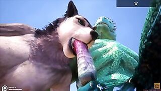 Wolf Girl Takes on Two Big Lizard Dicks at Once