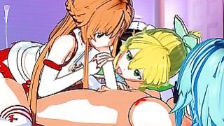 Sword Art online – Asuna and Leafa X Futa Sinon Threesome Hentai