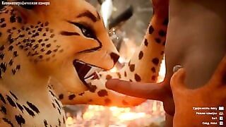 Furry Feline Girl Takes on a Human Male