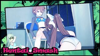 Sayori fucks Monika with a strapon in the club room - Doki Doki Literature Club hentai.