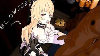 Genshin Impact Fischl Oral Hentai Blonde Girl Half Nude MMD 3D Dark Brown Clothes Color Edit Smixix