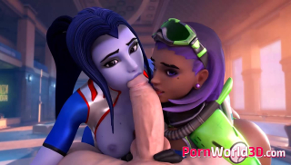 Sexy Widowmaker sucks dick and gets her pussy pounded from behind - compilation
