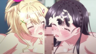 Real Erogame Situation 2 ep2 - Two busty anime girls suck dick till sprayed with cum facial
