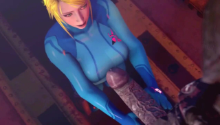 Samus Aran from Metroid tackles a gigantic beast cock with a sloppy blowjob
