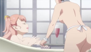 Sexy lesbian babe gets served drinks while in the bathtub before sexy fighting