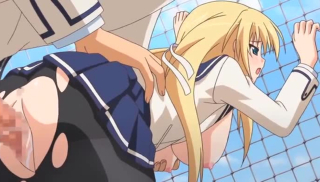 Petite schoolgirl with blonde hair and blue eyes has public sex with anime boyfriend at pool