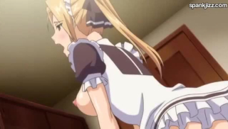 Blonde maid is served up to her male master on a platter
