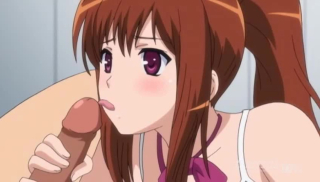 Petite anime schoolgirl in a swimsuit gives a blowjob for cum in mouth