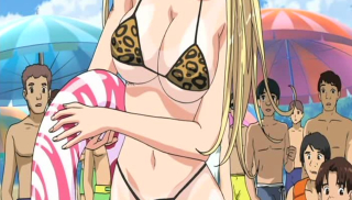 Slutty blonde anime girl with busty tits has a dirty fuck on public beach