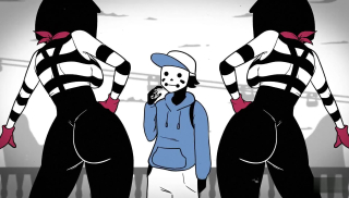 Mime and Dash fuck in black and white cartoon threesome for money